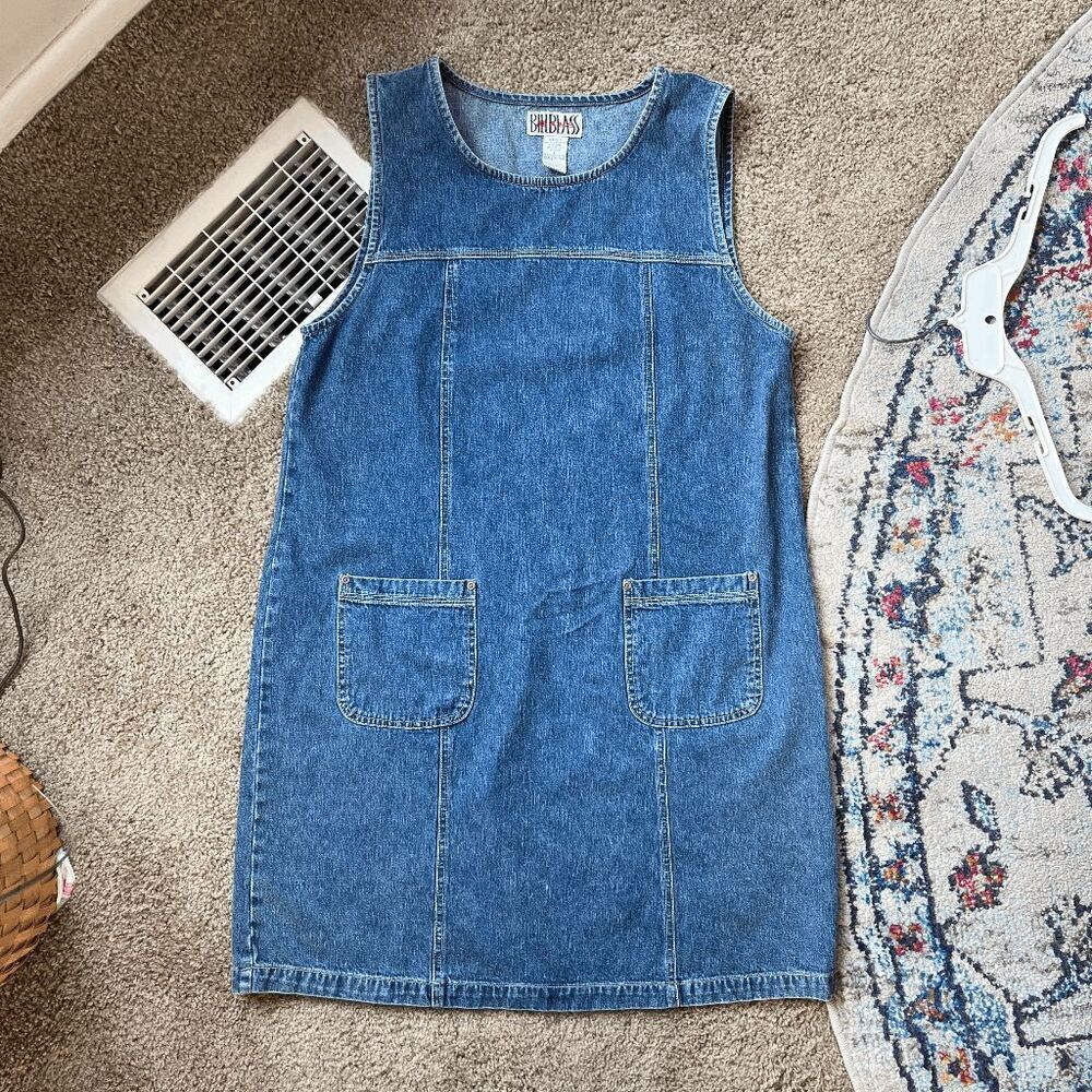 VTG 90s Bill Blass Denim Jumper Dress Pinafore Minimalist Shift L - Picture 2 of 11